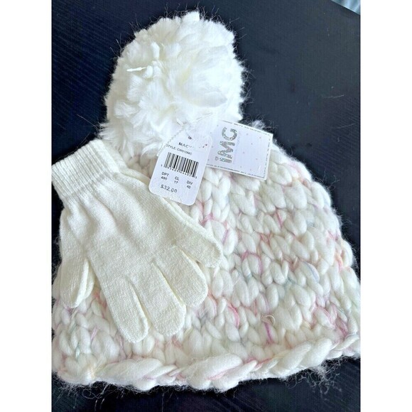 IMG Girls Beanie Knit Beanie and Gloves 2 Piece Set White & Pink  One Size - Picture 1 of 3